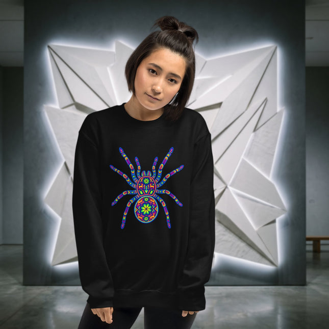 Colorful Huichol tarantula folk art graphic printed on a pullover sweatshirt.
