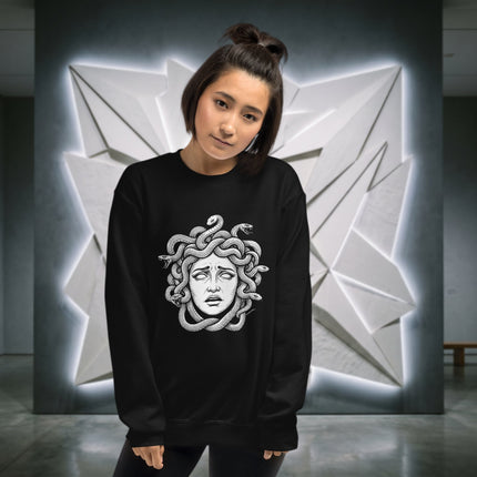 Distressed Medusa snake hair graphic on a unisex pullover sweatshirt featuring Greek mythology art.