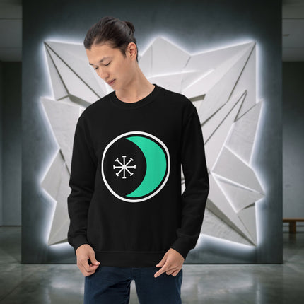 Pagan sweatshirt featuring seax blade, crescent moon, and Wheel of Year symbols.