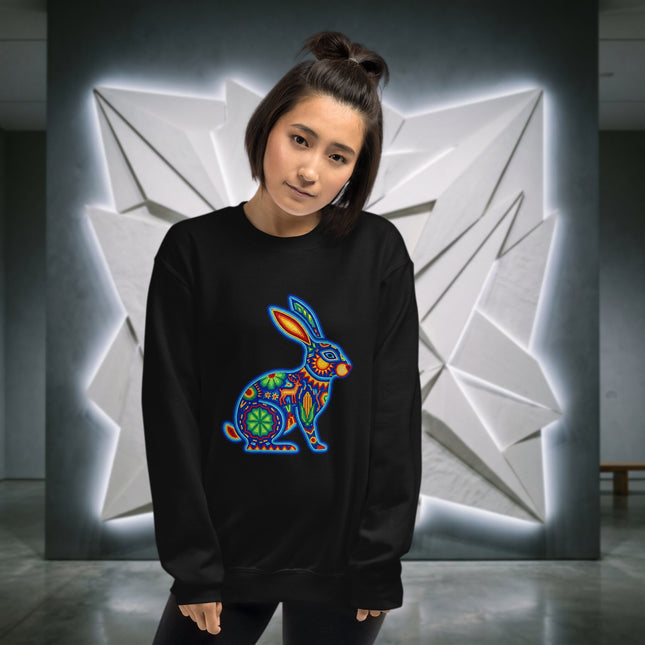 Colorful Huichol beaded rabbit artwork on a Mexican folk art pullover sweatshirt.