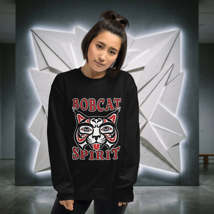 Indigenous bobcat spirit animal art pullover sweatshirt featuring tribal designs.