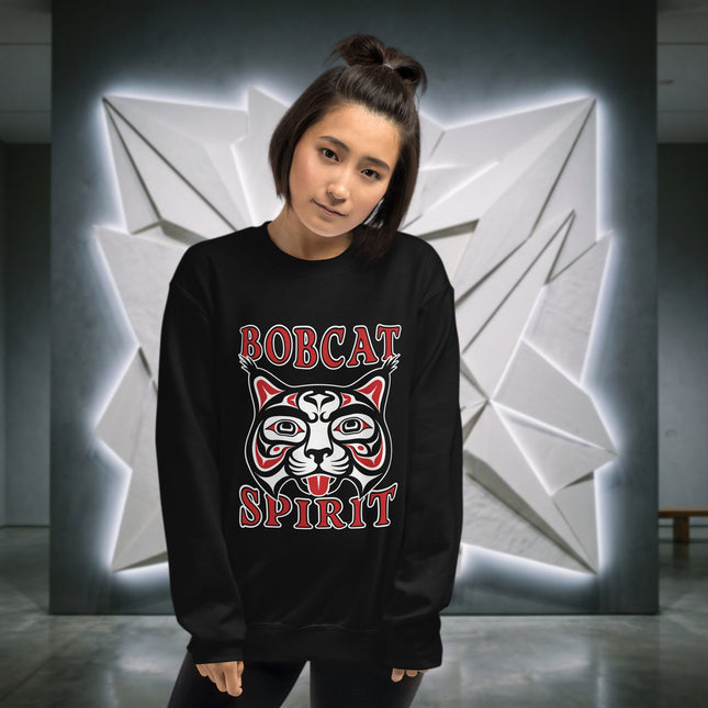Indigenous bobcat spirit animal art pullover sweatshirt featuring tribal designs.
