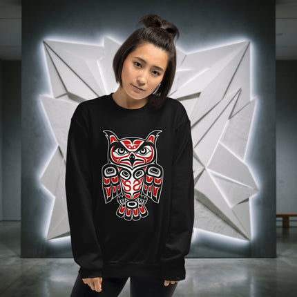 Indigenous owl formline art sweatshirt featuring vibrant red and black Pacific Northwest designs.