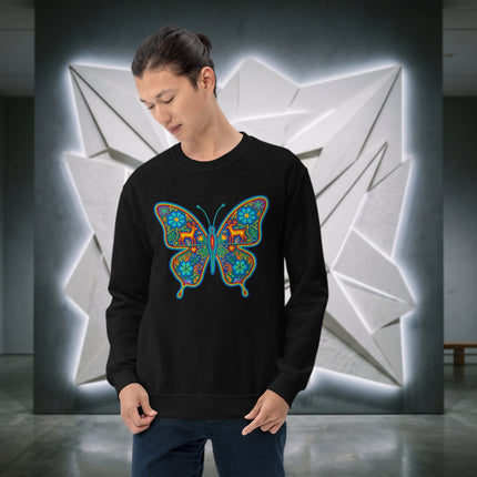 Colorful Huichol folk art butterfly design on a Mexican style pullover sweatshirt.