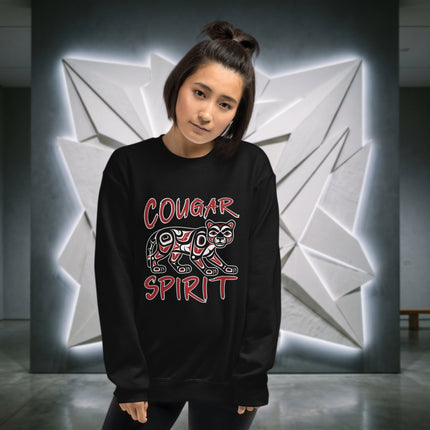 Cougar spirit formline art graphic on a native American pullover sweatshirt.