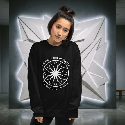 Spiritual flower mandala graphic sweatshirt featuring sacred geometry and "The Way Is In The Heart" text.