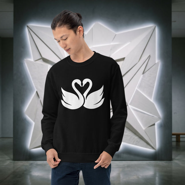 Swans forming a heart shape on a romantic couple pullover sweatshirt design.