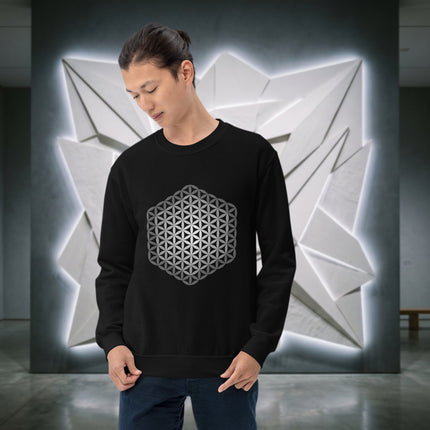 Sacred geometry Flower of Life pattern printed on a spiritual pullover sweatshirt.