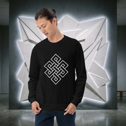 Black and white Endless Knot Buddhist symbol graphic on a unisex pullover sweatshirt.