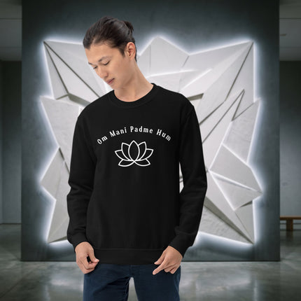 Om Mani Padme Hum mantra and lotus design on spiritual Buddhist pullover sweatshirt.