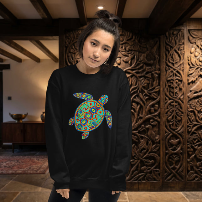 Colorful Mexican Huichol art sweatshirt featuring geometric turtle folk design pullover.