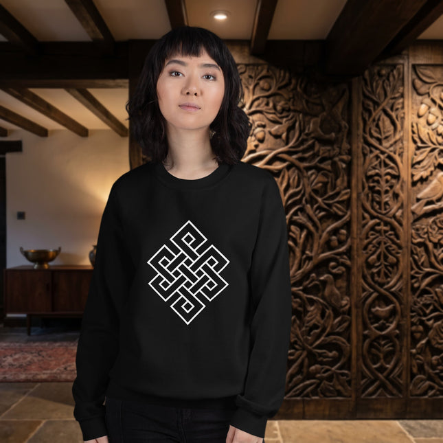 Black and white endless knot Buddhist symbol printed on a unisex pullover sweatshirt.