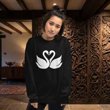 Heart-shaped swans graphic print on a romantic couples' pullover sweatshirt.