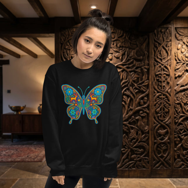 Colorful Huichol butterfly folk art pullover sweatshirt featuring vibrant Mexican cultural designs.