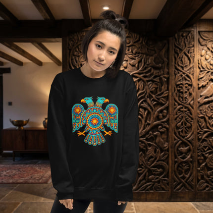 Vibrant two-headed eagle Huichol art design pullover sweatshirt featuring Mexican indigenous patterns.