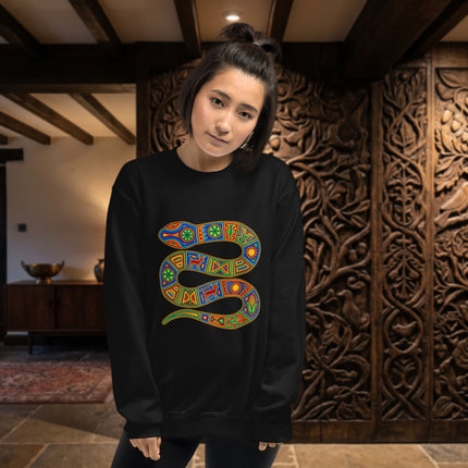 Vibrant Huichol geometric serpent art print on a pullover sweatshirt.
