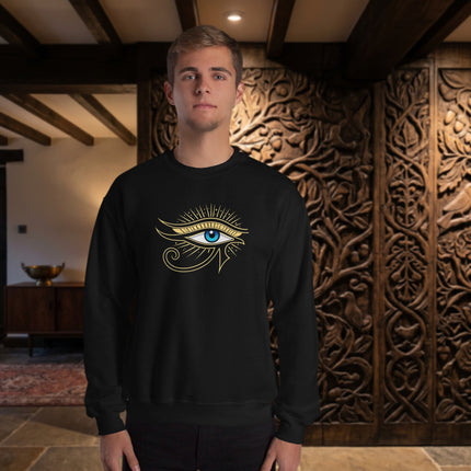 Ancient Egyptian Eye of Ra symbol graphic print pullover sweatshirt.