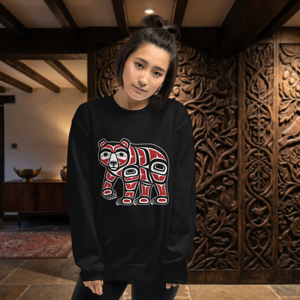Bear Spirit indigenous art design on a cozy graphic pullover sweatshirt featuring native bear imagery.