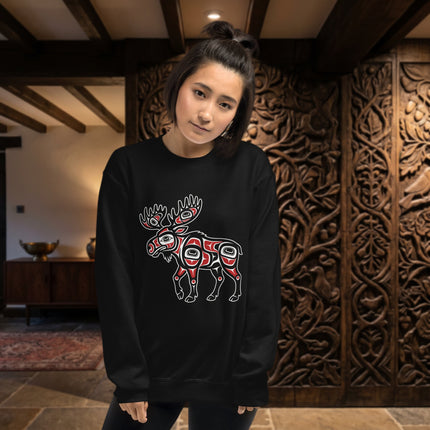 Indigenous moose artwork printed on a cozy Northwest Coast pullover sweatshirt.
