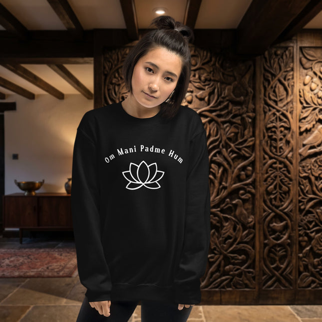 Om Mani Padme Hum mantra and lotus print spiritual pullover sweatshirt for Buddhist enthusiasts.