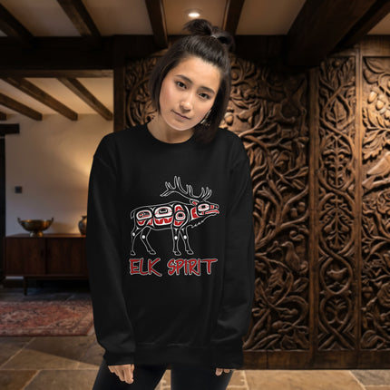 Formline art elk spirit graphic printed on an indigenous Native American pullover sweatshirt.