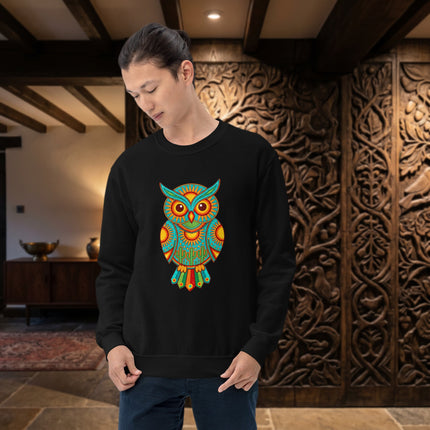 Vibrant Huichol owl sweatshirt featuring Mexican folk art desert cactus print pullover.