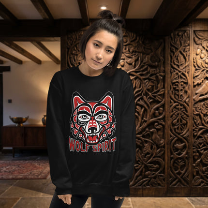 Tribal wolf spirit art sweatshirt featuring native american indigenous graphic pullover design.