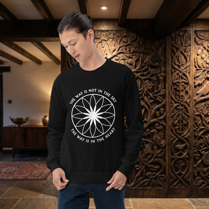 The Way Is In The Heart" spiritual mandala flower graphic printed on a comfortable sweatshirt.