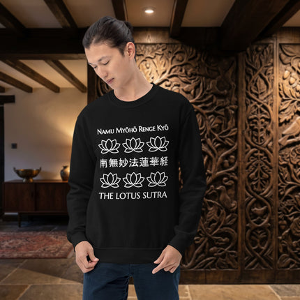 Buddhist lotus flower mantra sweatshirt featuring Namu Myoho Renge Kyo sutra design print.