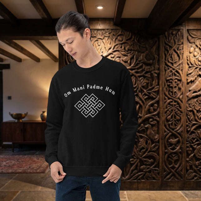 Om Mani Padme Hum Endless Knot Buddhist mantra design on spiritual pullover sweatshirt.
