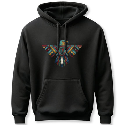 Colorful geometric Thunderbird graphic on a black pullover hoodie, featuring Native American inspired art.