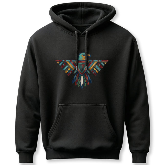 Colorful geometric Thunderbird graphic on a black pullover hoodie, featuring Native American inspired art.