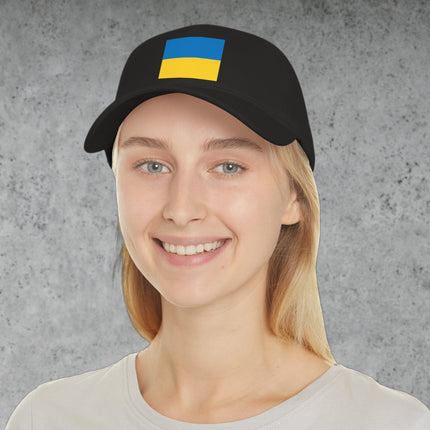Blue and yellow Ukraine flag baseball cap for showing support.