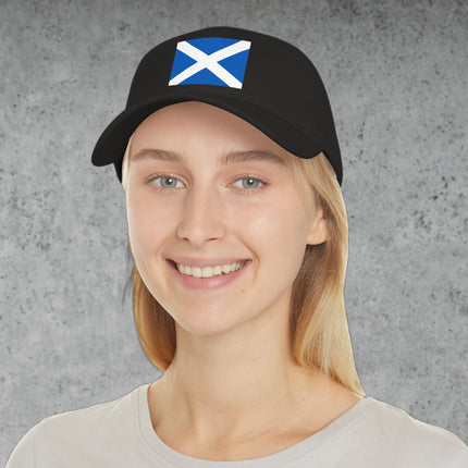 Saltire flag baseball cap featuring the Scottish St Andrew's Cross design.
