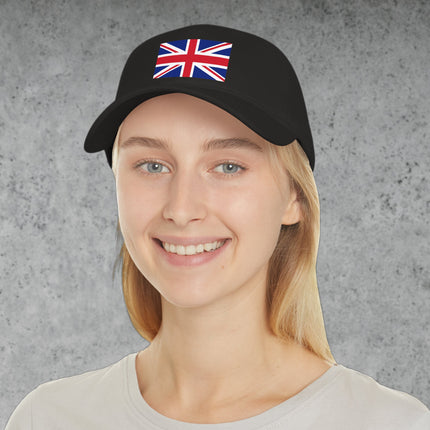 British Union Jack baseball cap dad hat with vibrant UK flag graphic print.