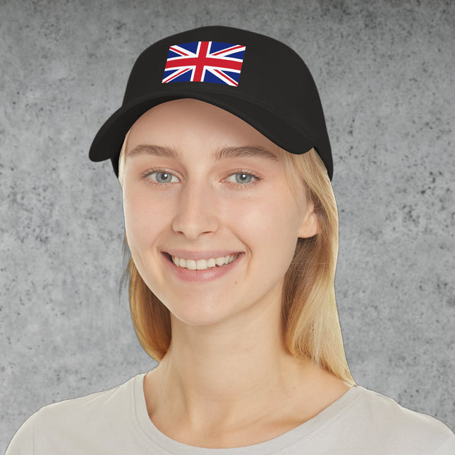 British Union Jack baseball cap dad hat with vibrant UK flag graphic print.