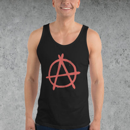 Red tank top featuring the anarchy symbol A in a circle graphic, perfect for punk rock style.