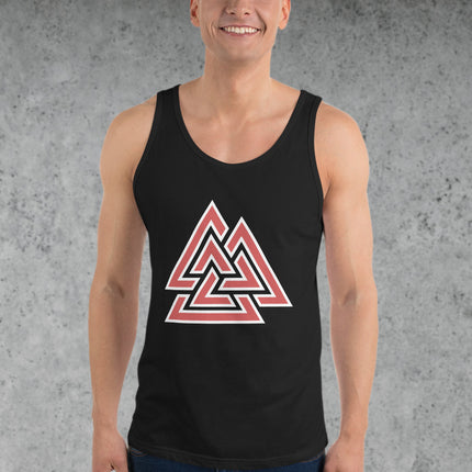 Red tank top featuring the Valknut symbol for Norse Viking mythology apparel.