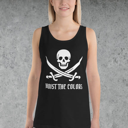 Skull and crossed swords Jolly Roger design on a black pirate tank top shirt.