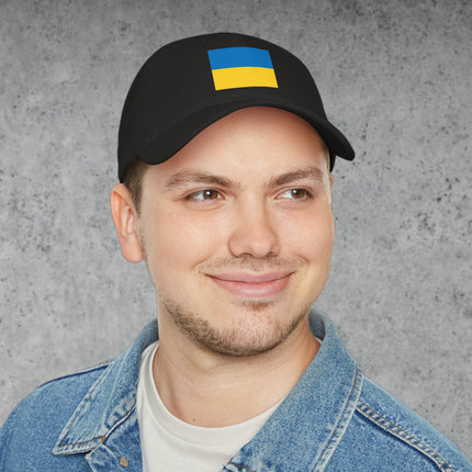 Blue and yellow Ukrainian flag baseball cap showing support for Ukraine.