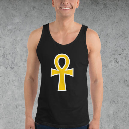 Unisex black tank top featuring gold Ankh symbol print. Egyptian life cross graphic shirt.