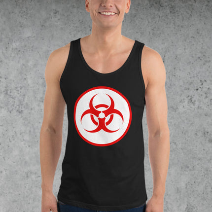 Red biohazard warning symbol tank top featuring a dangerous science theme graphic tee.