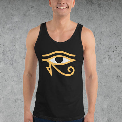 Eye of Horus graphic tank top featuring ancient Egyptian mythology symbolism on a unisex shirt.