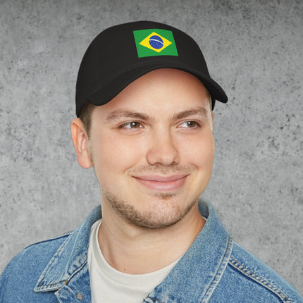 Baseball cap featuring the Brazilian flag and "Ordem e Progresso" graphic print design.