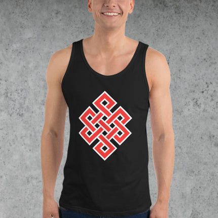Red endless knot Buddhist symbol tank top featuring the sacred eternal knot graphic design.