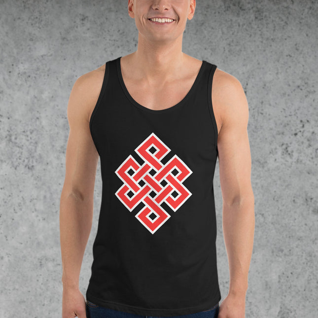 Red endless knot Buddhist symbol tank top featuring the sacred eternal knot graphic design.