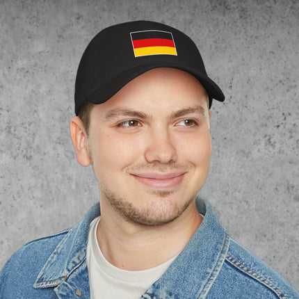Black, red, and gold German flag baseball cap for patriotic Deutschland fans.