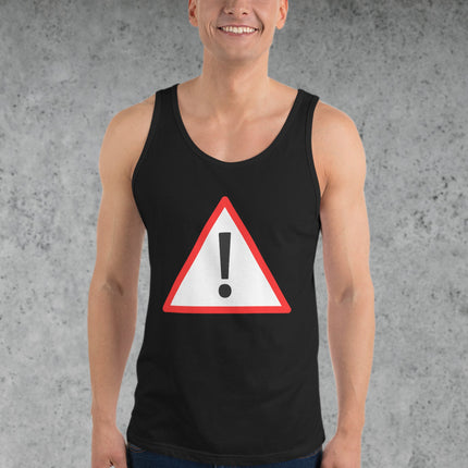 Warning symbol exclamation mark graphic tank top featuring a danger warning sign print.