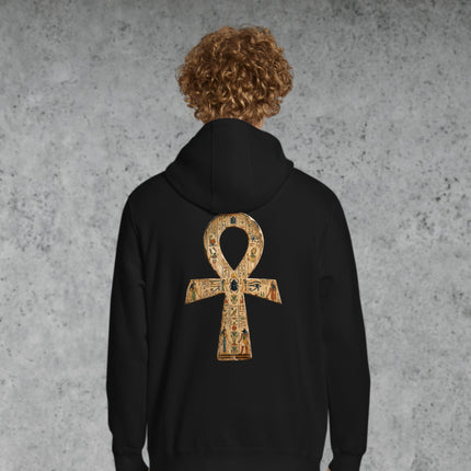 Back print hoodie featuring the Ankh symbol and ancient Egyptian hieroglyph designs.