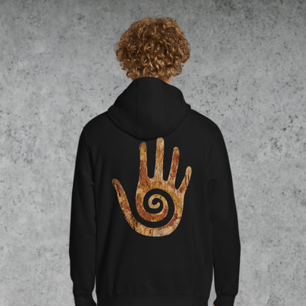 Hopi healing hand and spiral symbol printed on the back of a pullover hoodie.